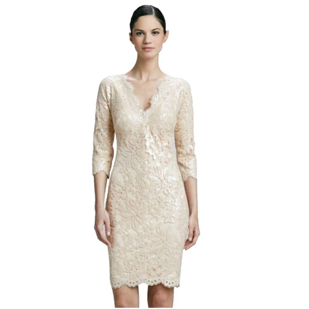Tadashi Shoji Cream Sequins Lace 3/4 Sleeve Cocktail Party Dress Size 8